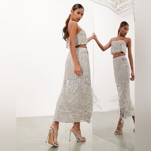 ASOS EDITION sequin and fringe artwork midi skirt in pale grey -NWT